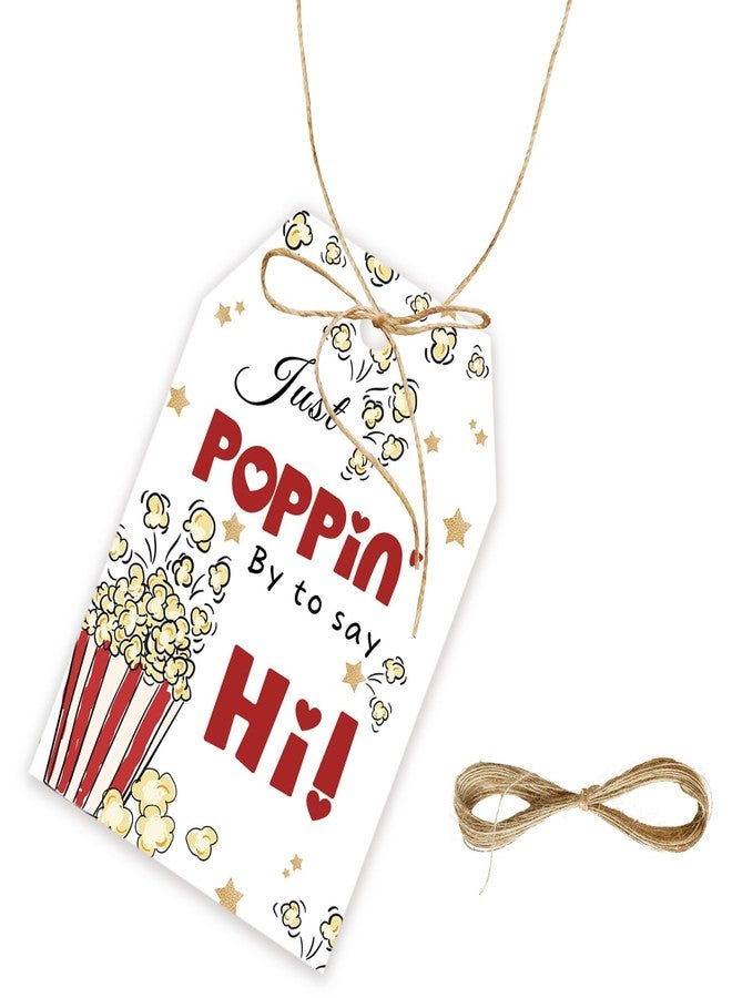 FORSHEEP 50pcs Just Popping by to Say Hi Tags, Popcorn Gift Tag with String for Birthday Party, Popping by Thank You Paper Tags for Gender Reveal Party Favors - Image 1
